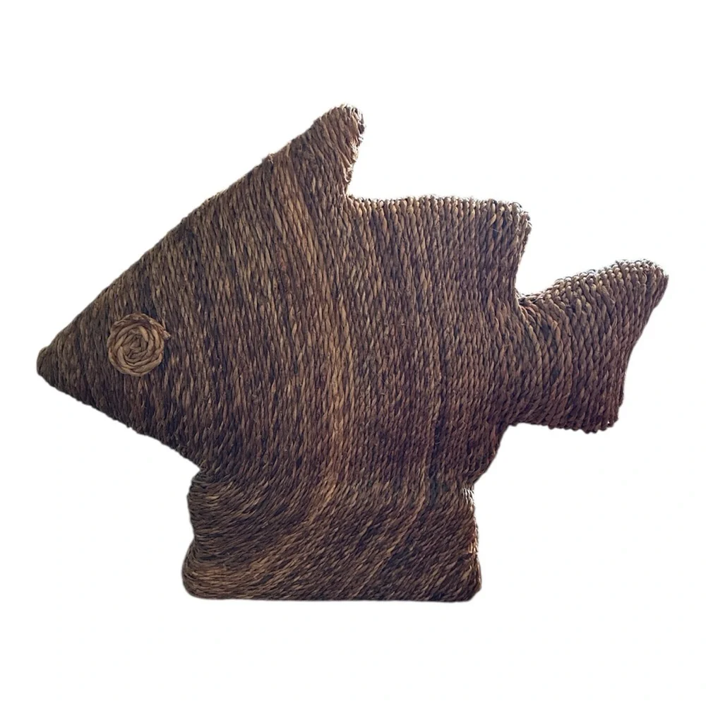 Fish Table Sculpture Jute Woven Rope Wrap Shelf Sitter Beach Coastal Decor Brown